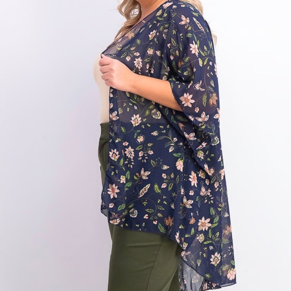 Market & Spruce Navy Floral Chiffon Open Short Sleeve Kimono Size XL